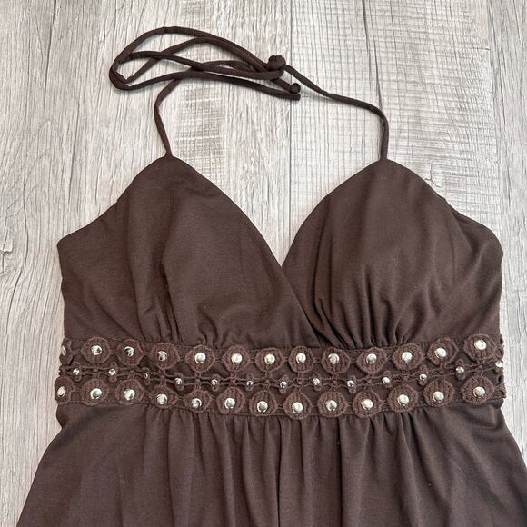 My Michelle Brown Boho Halter Dress WMNS L Knitted Empire Waist Open Back Mini - Picture 8 of 11